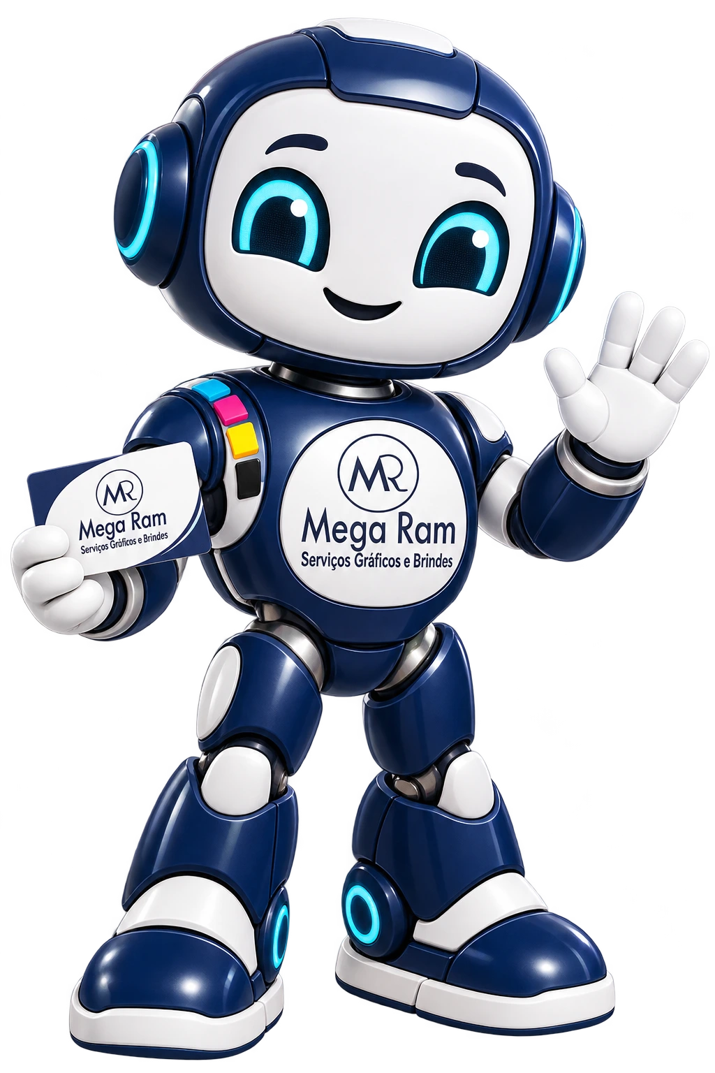 Mega, mascote da Mega Ram, acenando e segurando um cartão de visita